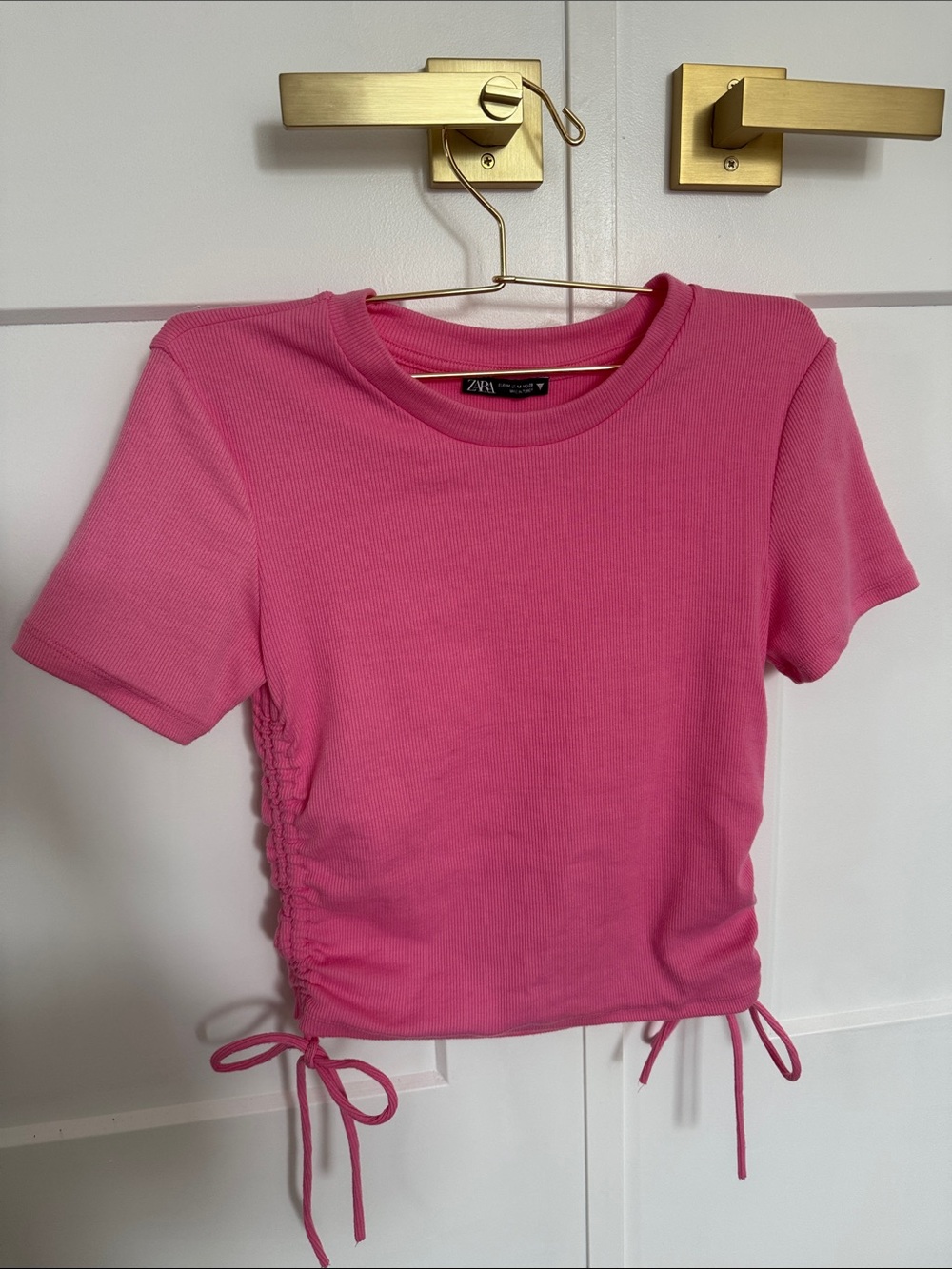Zara Hot Pink Short-Sleeve Ruched Side Tie Crop Top